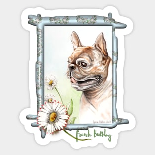 Brindle French Bulldog with Daisies. From an original painting. Sticker